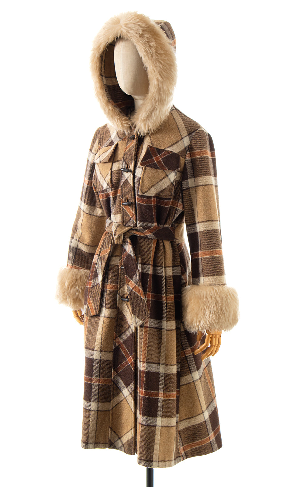 1970s Faux Fur Trim Plaid Hooded Princess Coat | small/medium