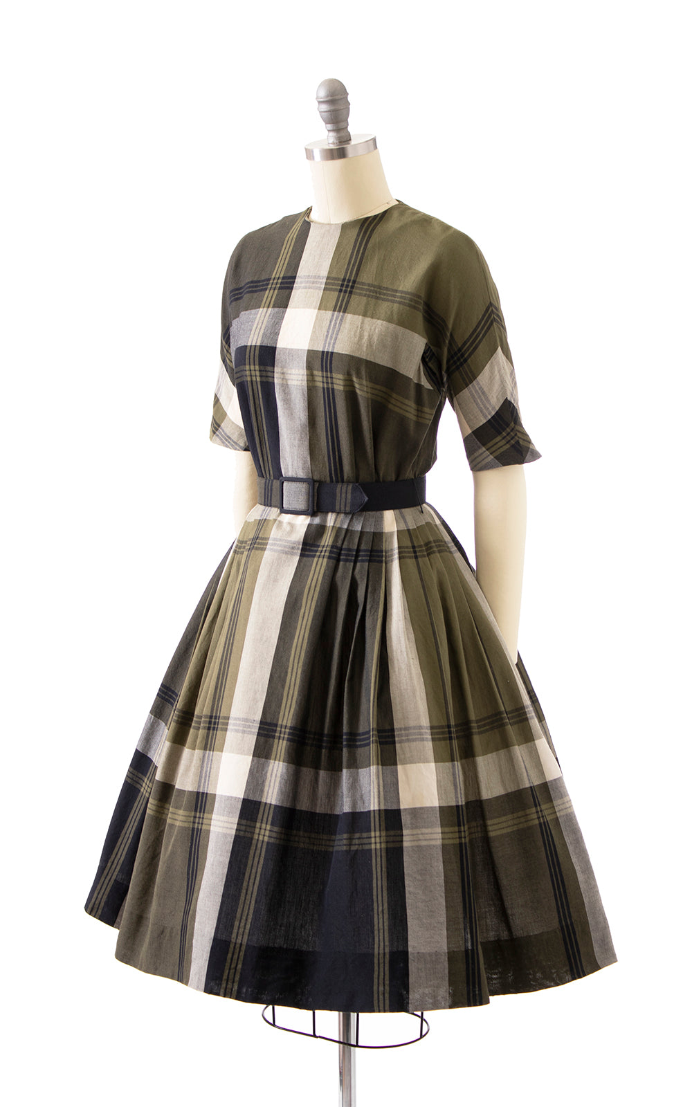1950s 1960s Green Plaid Day Dress | x-small Birthday Life Vintage 1950s 1960s Green Plaid Day Dress | x-small Birthday Life Vintage