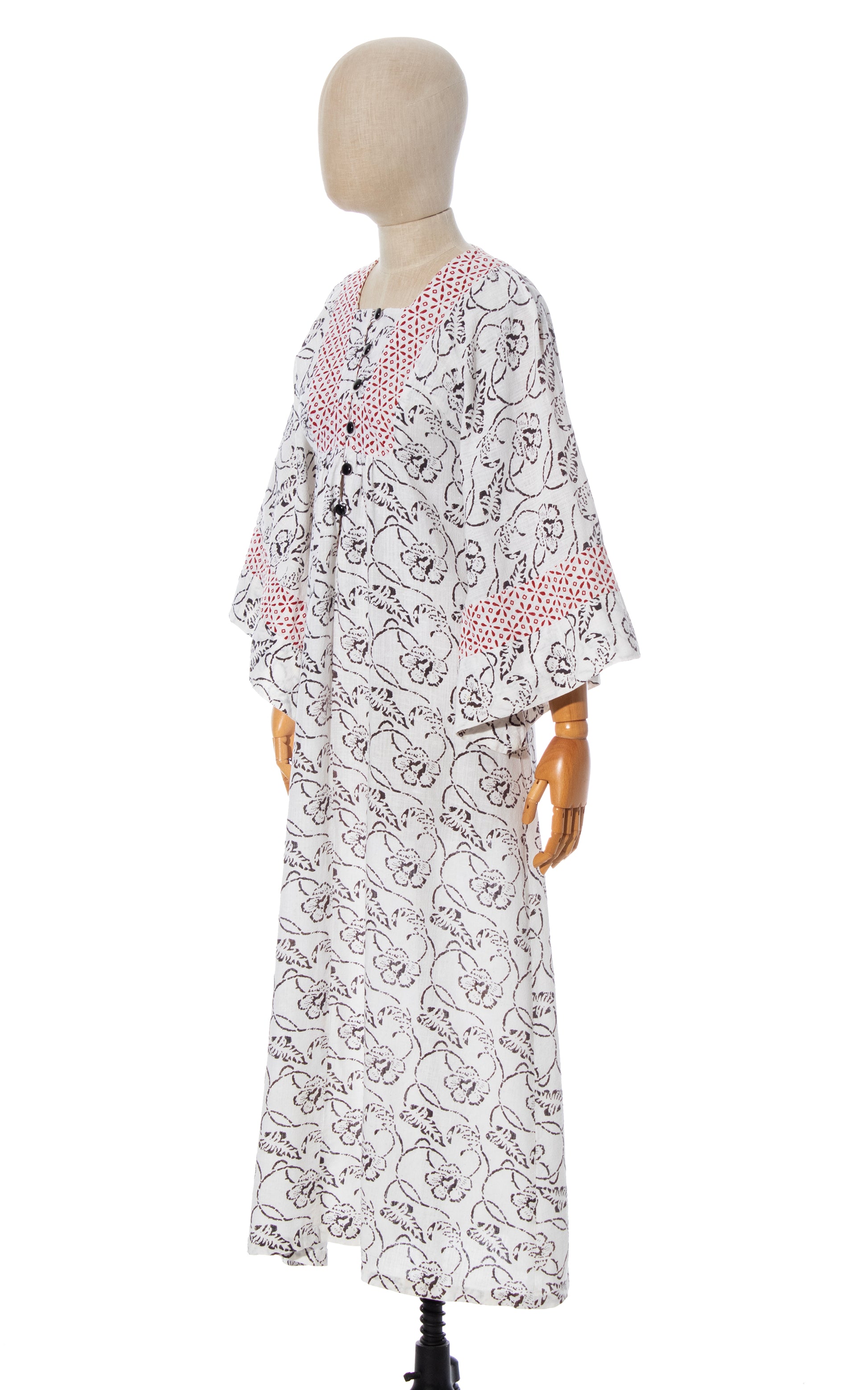 Vintage 70s 1970s Floral Block Print Cotton Boho Angel Sleeve Maxi Dress BirthdayLifeVintage