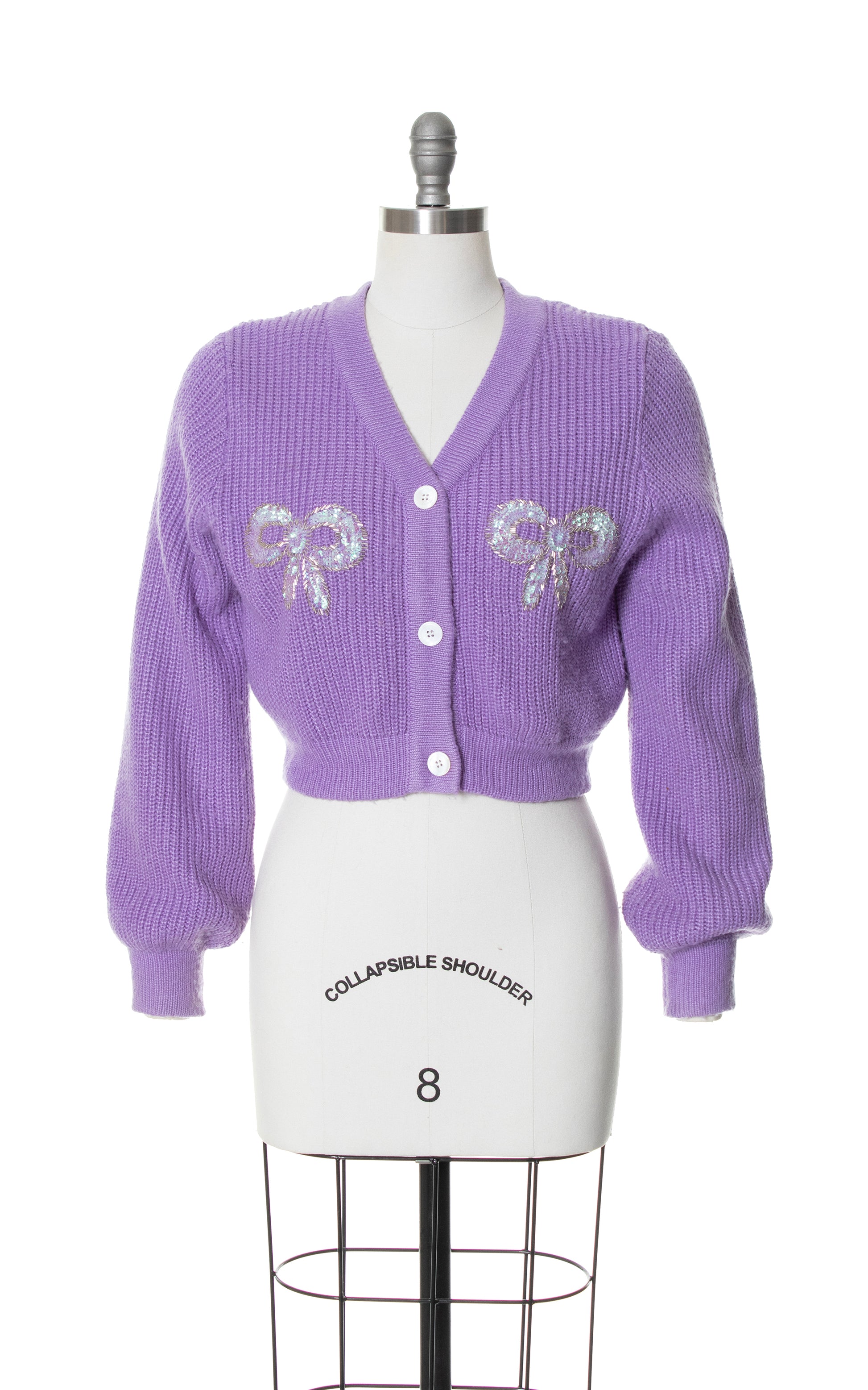 Vintage 50s 1950s Bow Sequined Cropped Cardigan Knit Purple Acrylic Sweater BirthdayLifeVintage