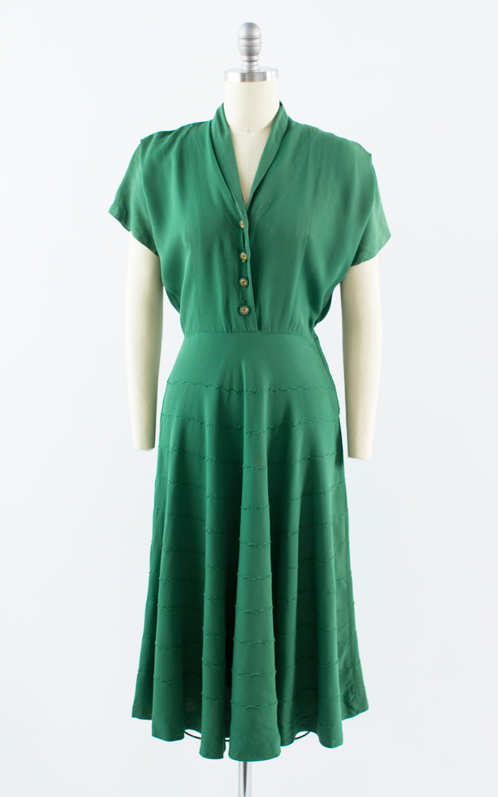1940s Green Gabardine Pintuck Shirtwaist Day Dress | small
