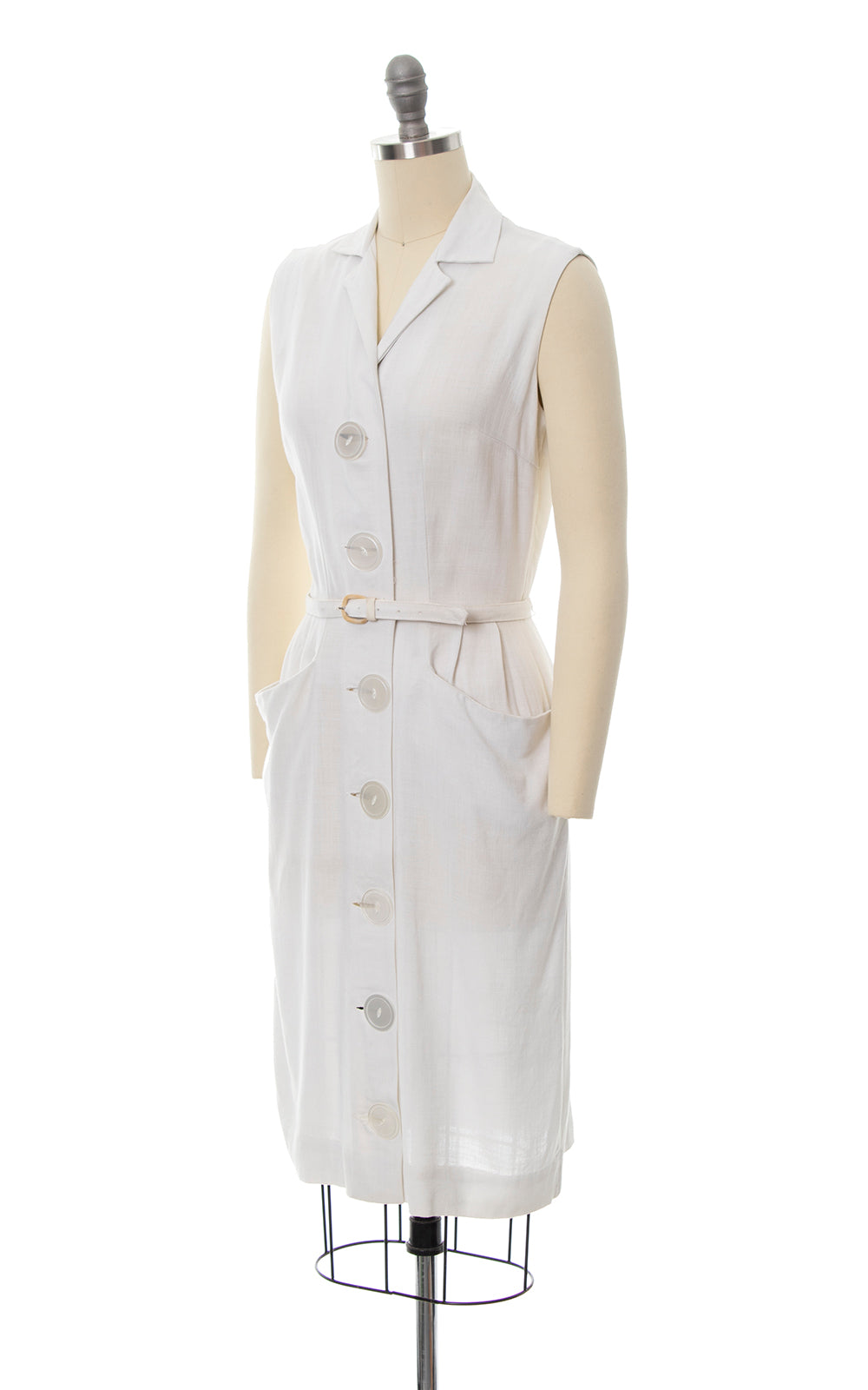 1960s White Linen Big Buttons Sundress with Pockets | small