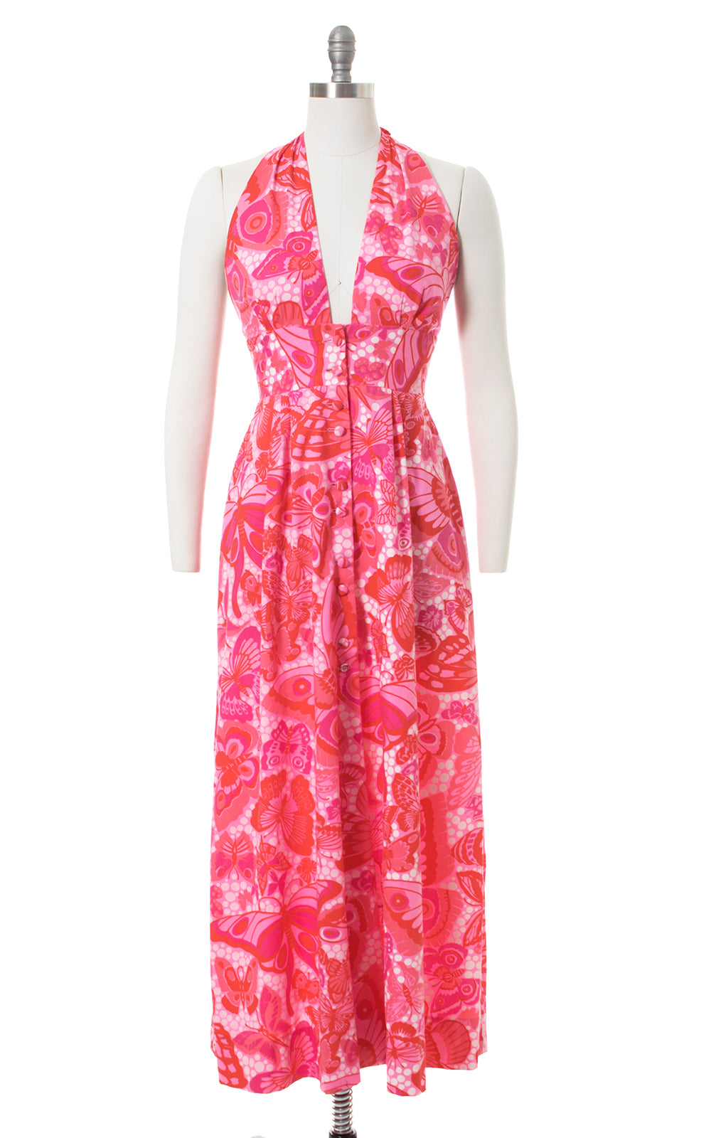 1970s Butterfly Novelty Print Pink Halter Maxi Dress