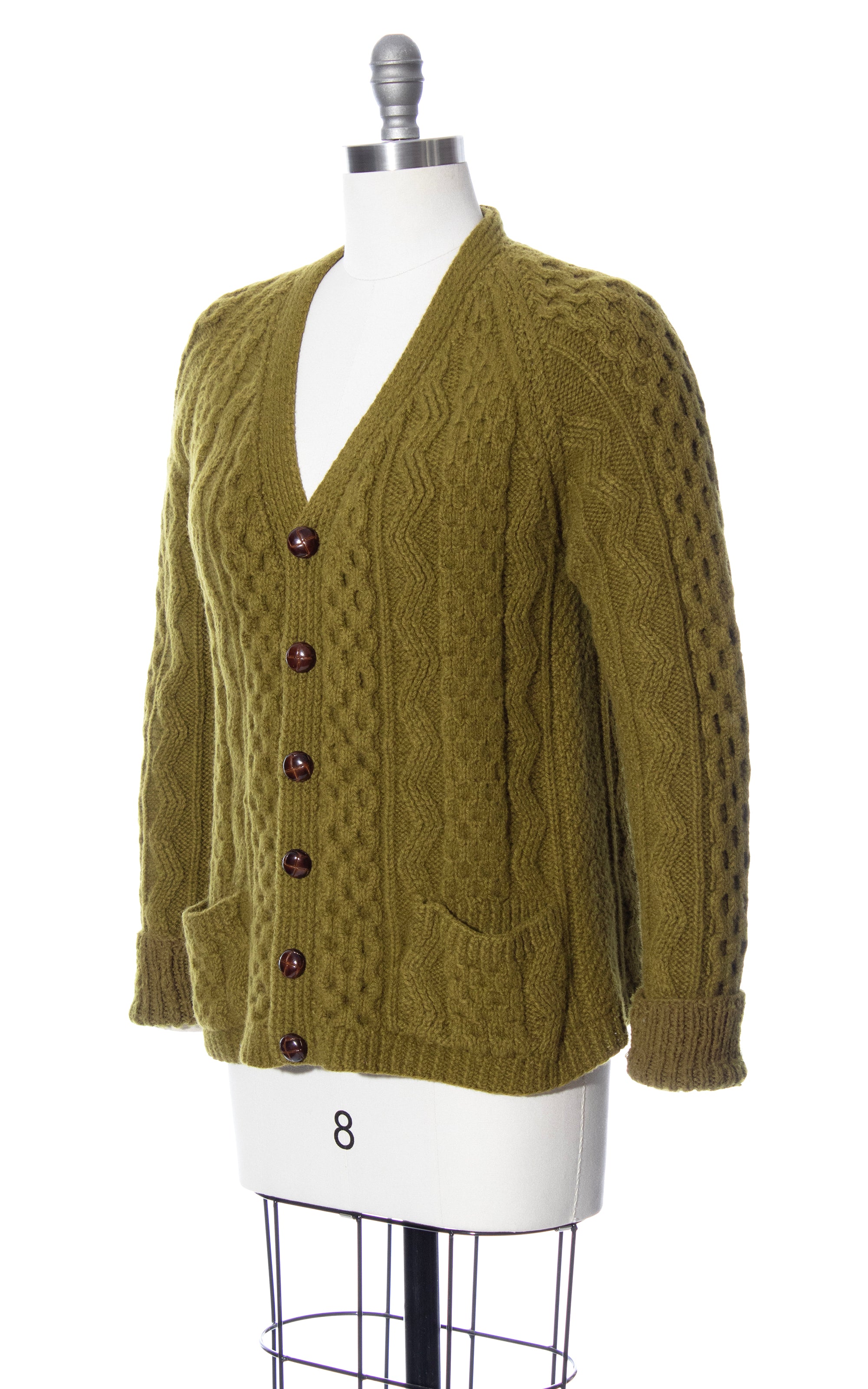 1960s 1970s Olive Green Knit Wool Fisherman's Cardigan | medium/large