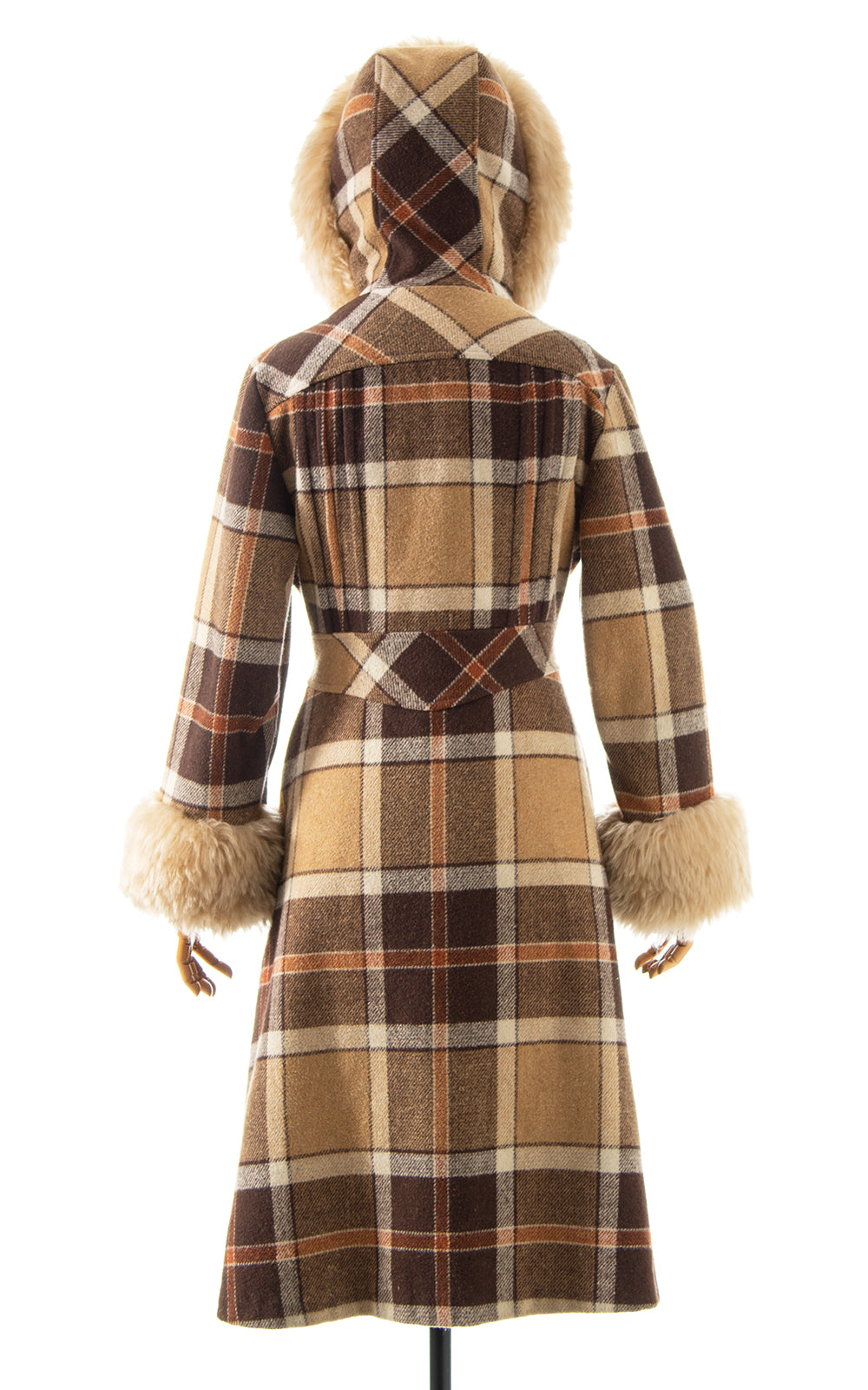 1970s Faux Fur Trim Plaid Hooded Princess Coat | small/medium