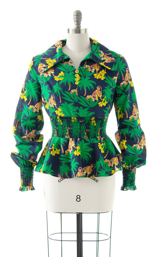 1970s Hawaiian Floral Novelty Print Blouse | small/medium