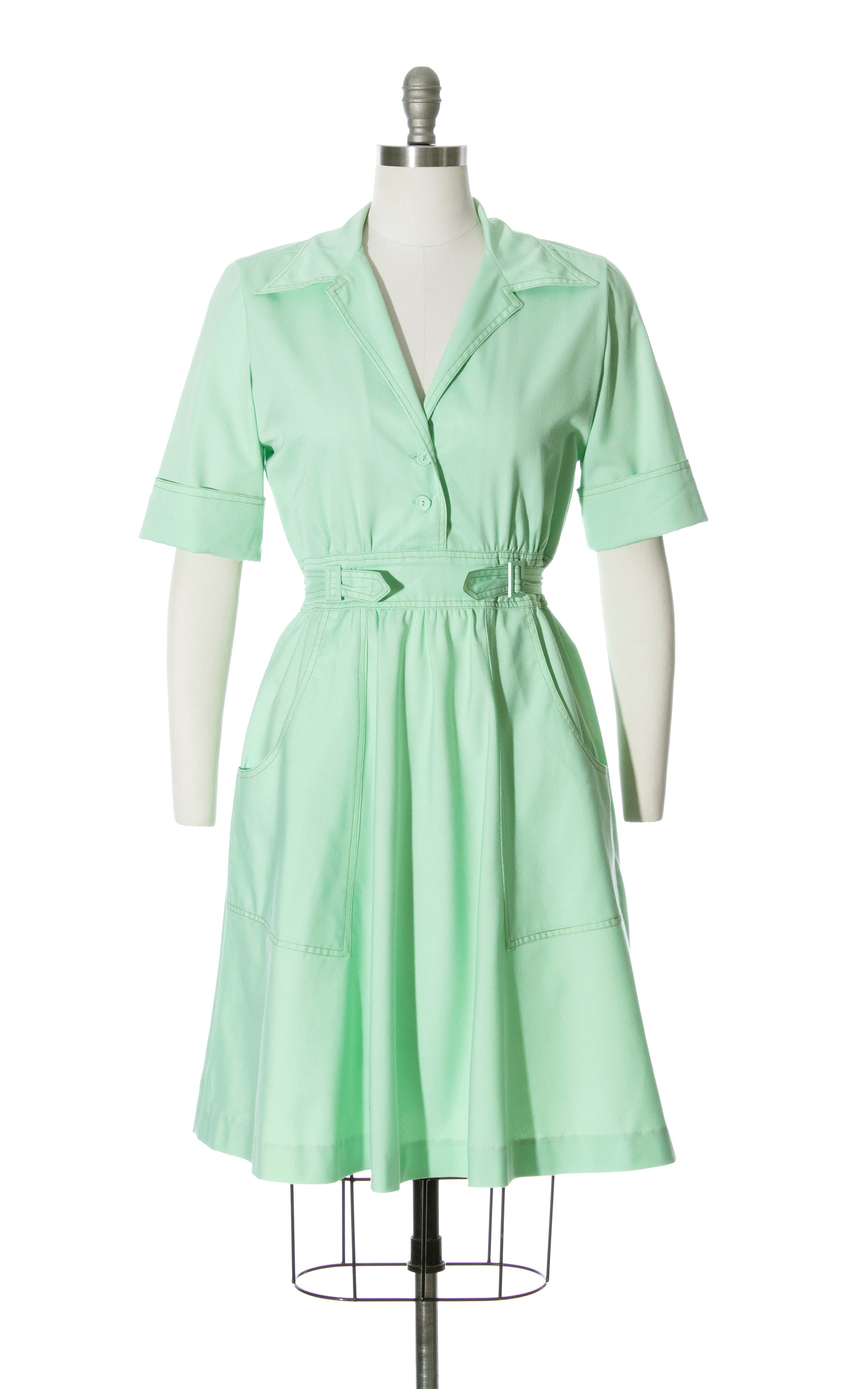 Vintage 70s 1970s Mint Green Buckled Waist Dress with Pockets Birthday Life Vintage