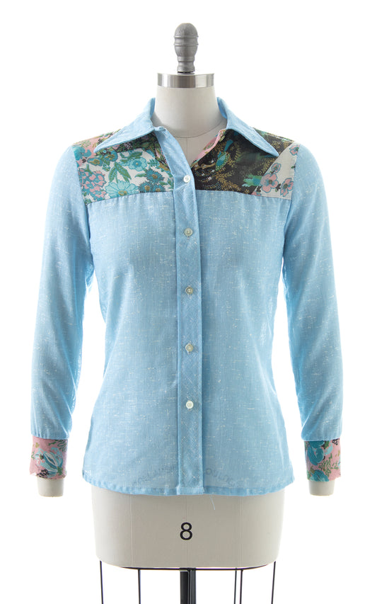 1970s Floral Chambray Blouse