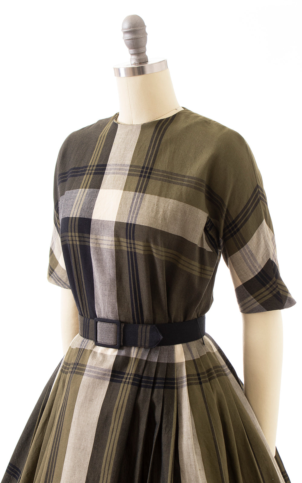 1950s 1960s Green Plaid Day Dress | x-small