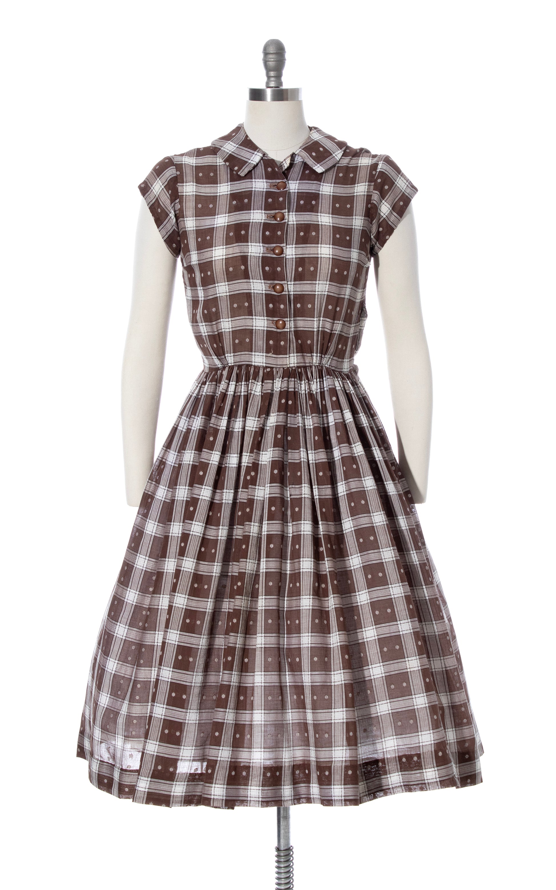 Vintage 50s 1950s Cotton Gingham Plaid Shirtwaist Fit and Flare Day Dress Brown BirthdayLifeVintage