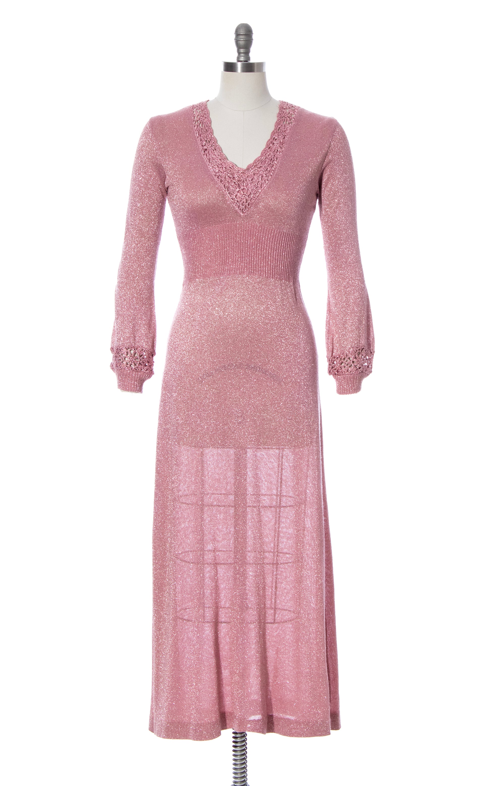 1970s Metallic Pink Knit Crochet Sweater Dress x-small/small