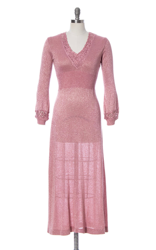 Vintage 70s 1970s Metallic Lurex Pink Knit Crochet Maxi Sweater Dress BirthdayLifeVintage
