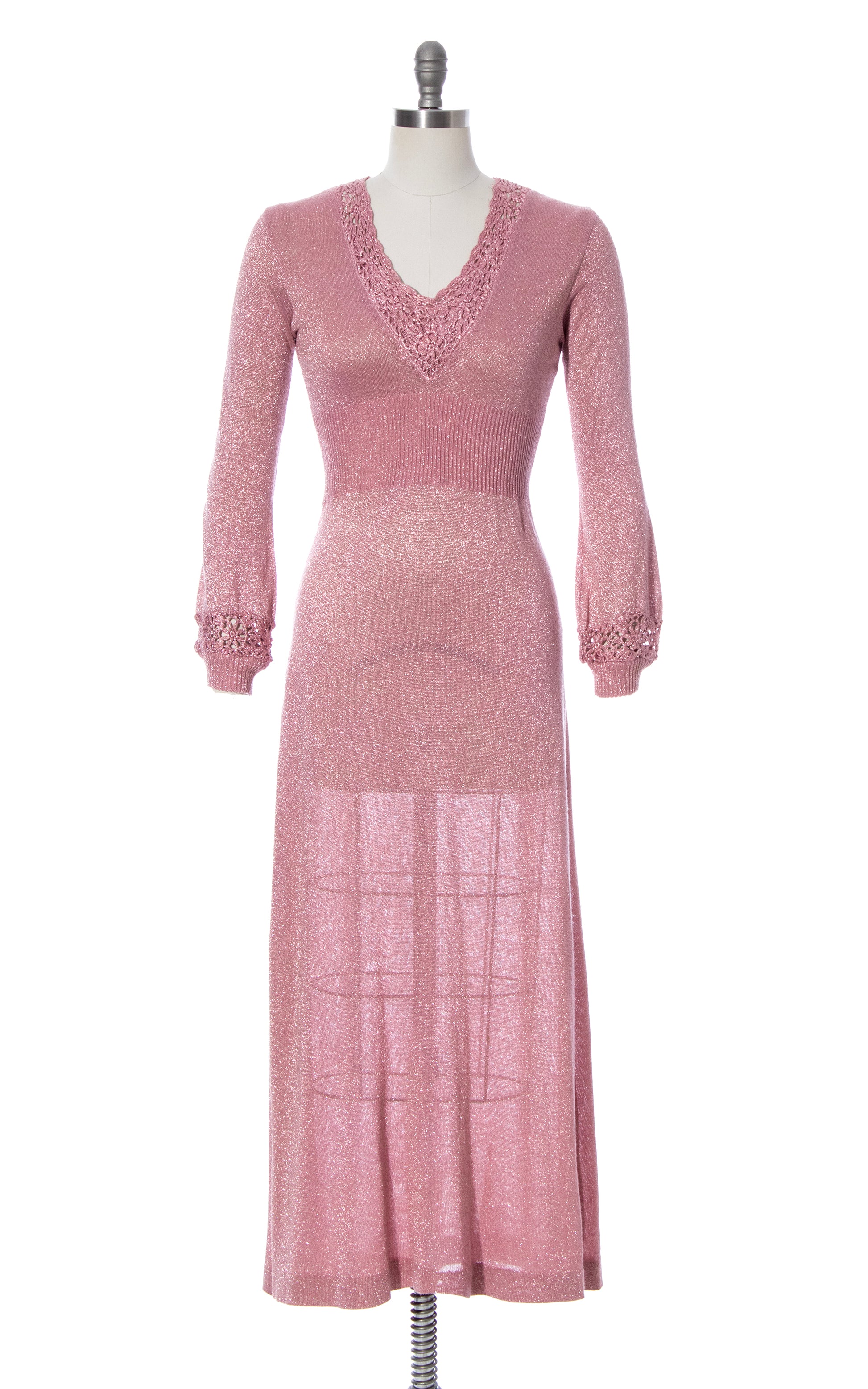 Vintage 70s 1970s Metallic Lurex Pink Knit Crochet Maxi Sweater Dress BirthdayLifeVintage