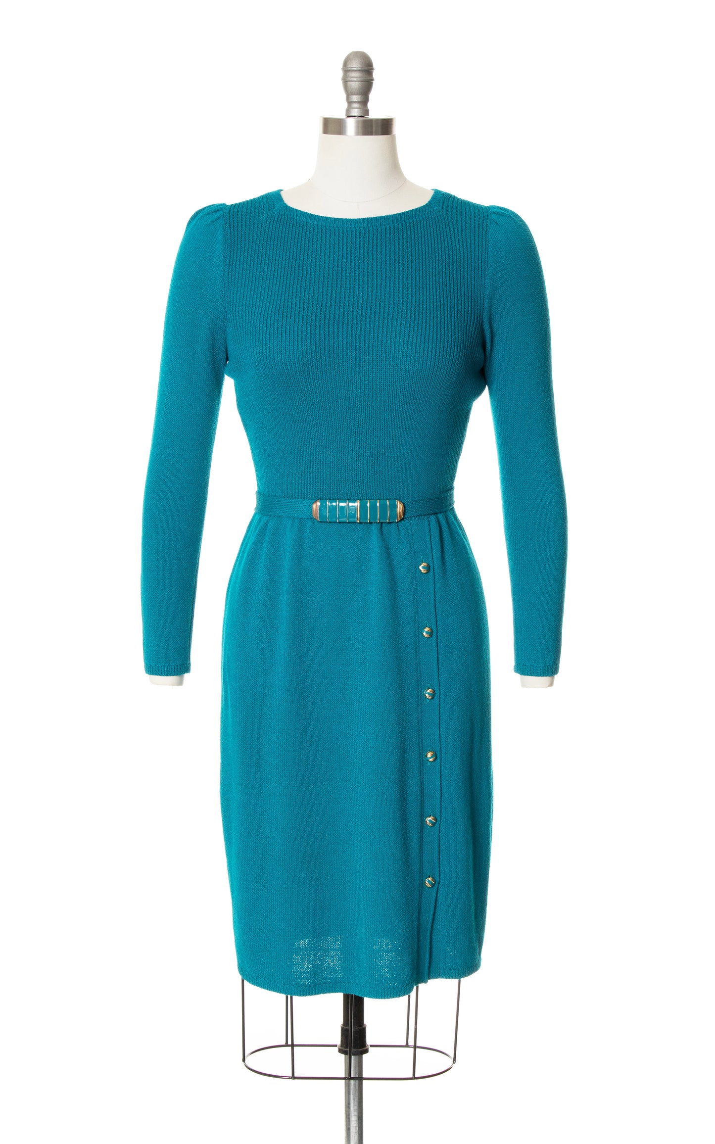 Vintage 80s 1980s ST. JOHN Teal Knit Wool Wiggle Sweater Dress BirthdayLifeVintage