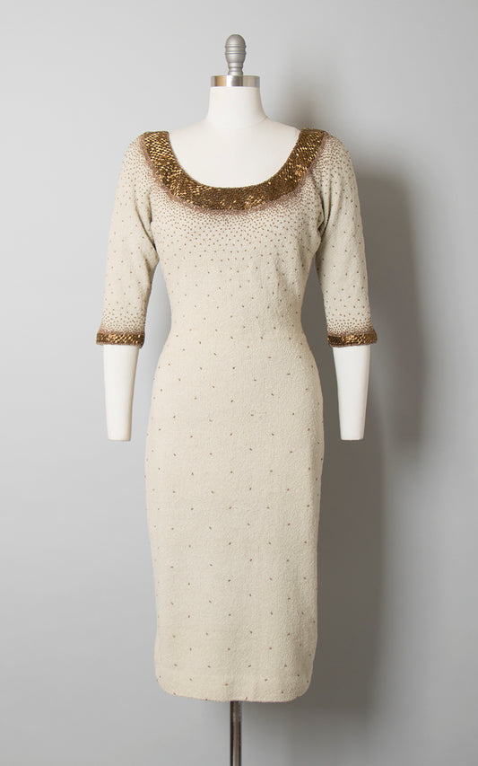 1950s Gene Shelly Beaded Knit Wool Dress | medium/large