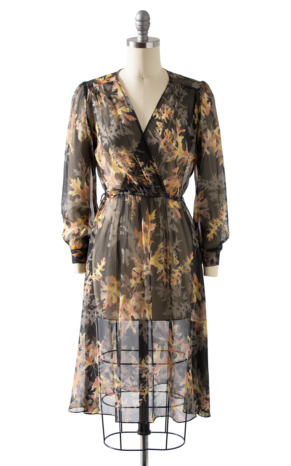 1980s Leaf Print Silk Chiffon Dress