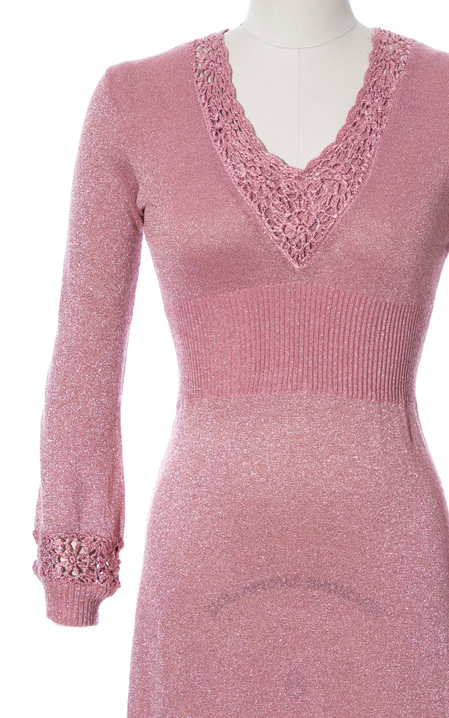 Vintage 70s 1970s Metallic Lurex Pink Knit Crochet Maxi Sweater Dress BirthdayLifeVintage