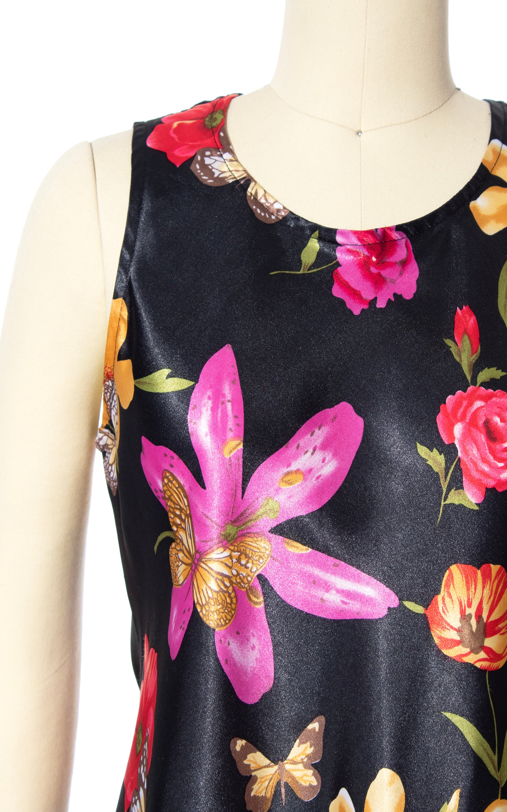 2000s Y2K Floral Butterfly Bias Cut Satin Dress | x-small/small Birthday Life Vintage 2000s Y2K Floral Butterfly Bias Cut Satin Dress | x-small/small Birthday Life Vintage