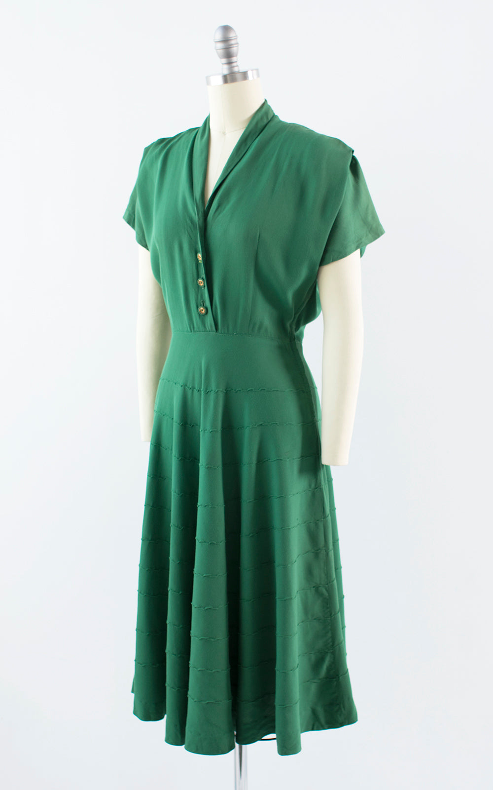 1940s Green Gabardine Pintuck Shirtwaist Day Dress | small