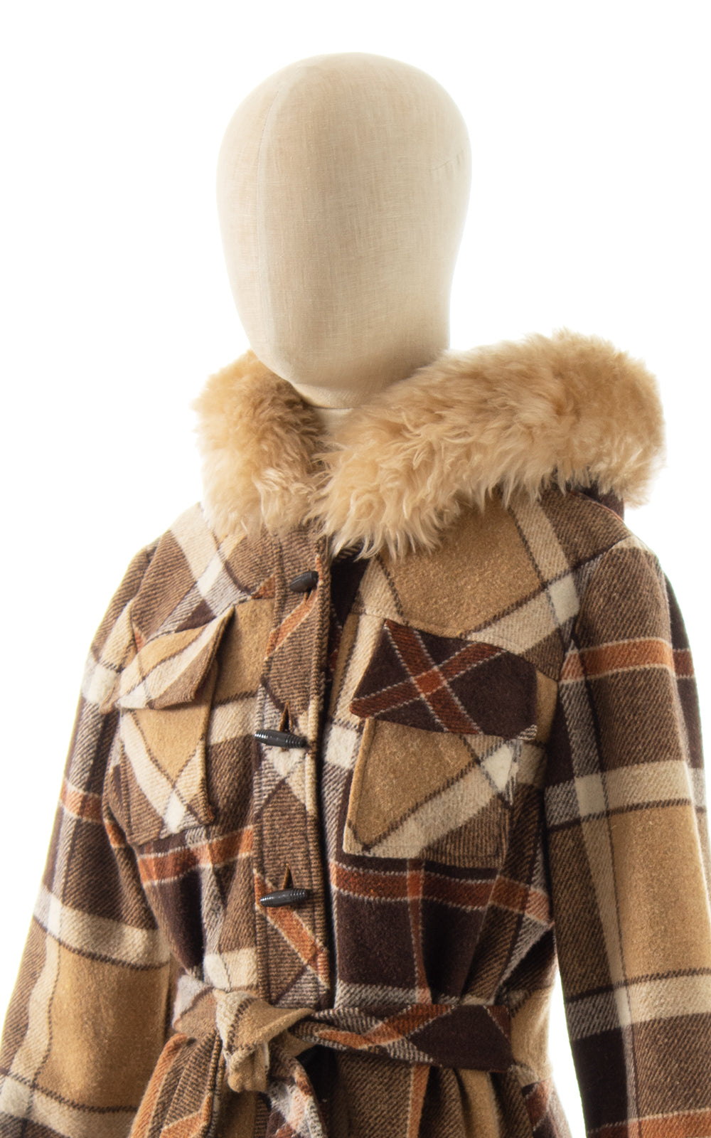1970s Faux Fur Trim Plaid Hooded Princess Coat | small/medium