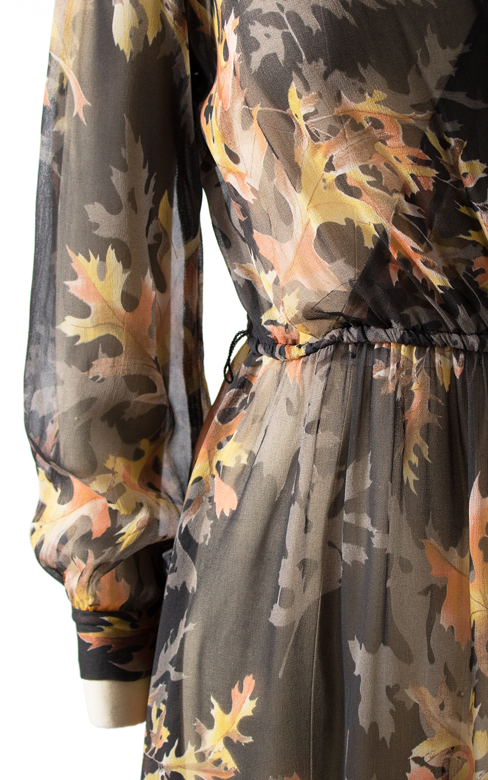 1980s Leaf Print Silk Chiffon Dress