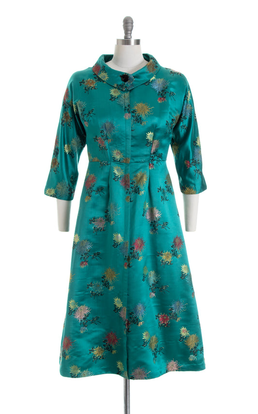 Vintage 1960s 60s Asian Silk Floral Jacquard Green Evening Dress Birthday Life Vintage