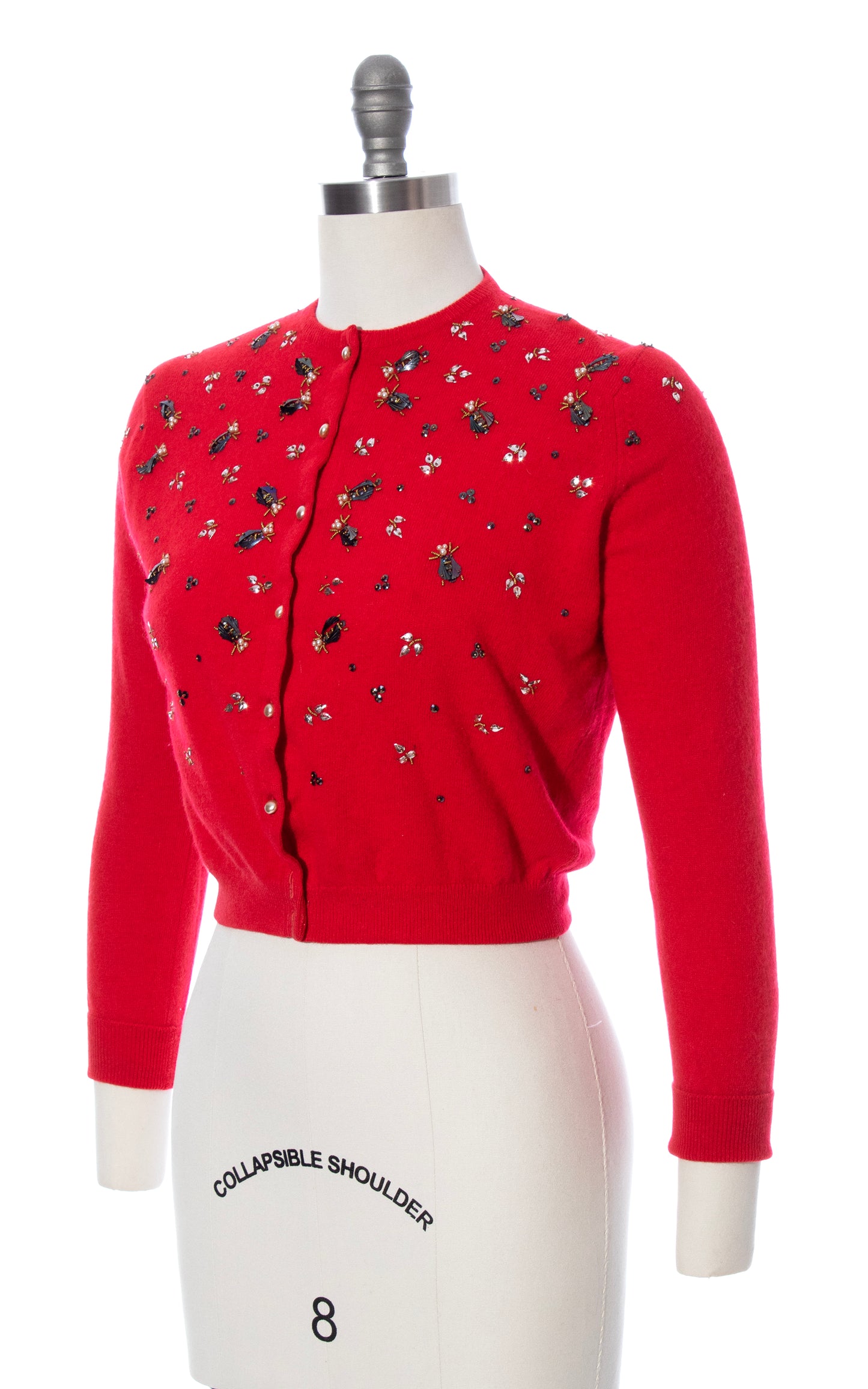 Vintage 50s 1950s Fly Novelty Sequin Beaded Red Knit Cashmere Cropped Cardigan BirthdayLifeVintage