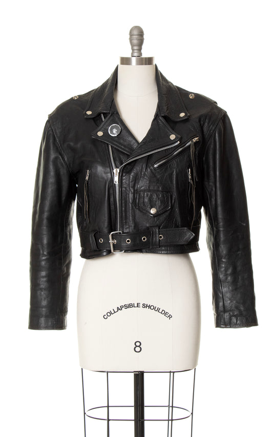 1980s Cropped Black Leather Moto Jacket | medium/large