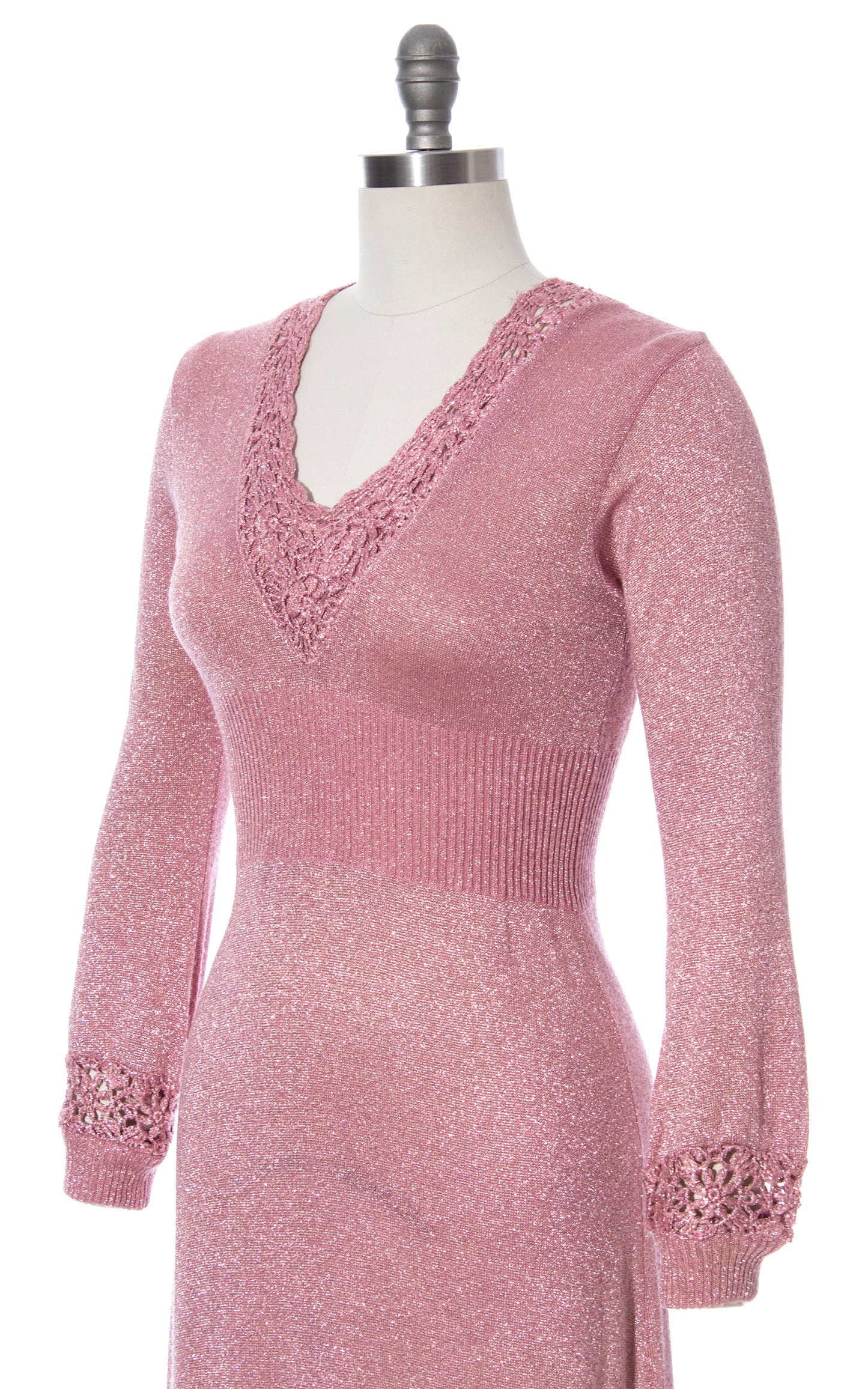 Vintage 70s 1970s Metallic Lurex Pink Knit Crochet Maxi Sweater Dress BirthdayLifeVintage