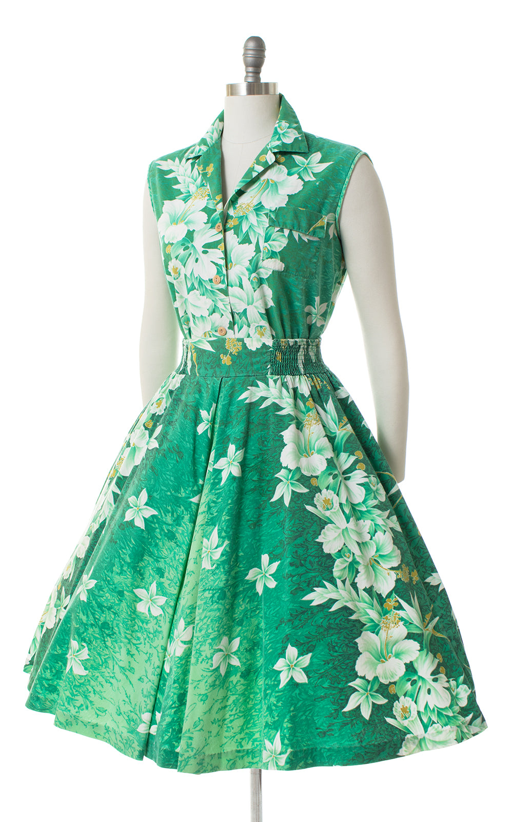 1950s Kamehameha Floral Ombre Print Blouse & Skirt Set