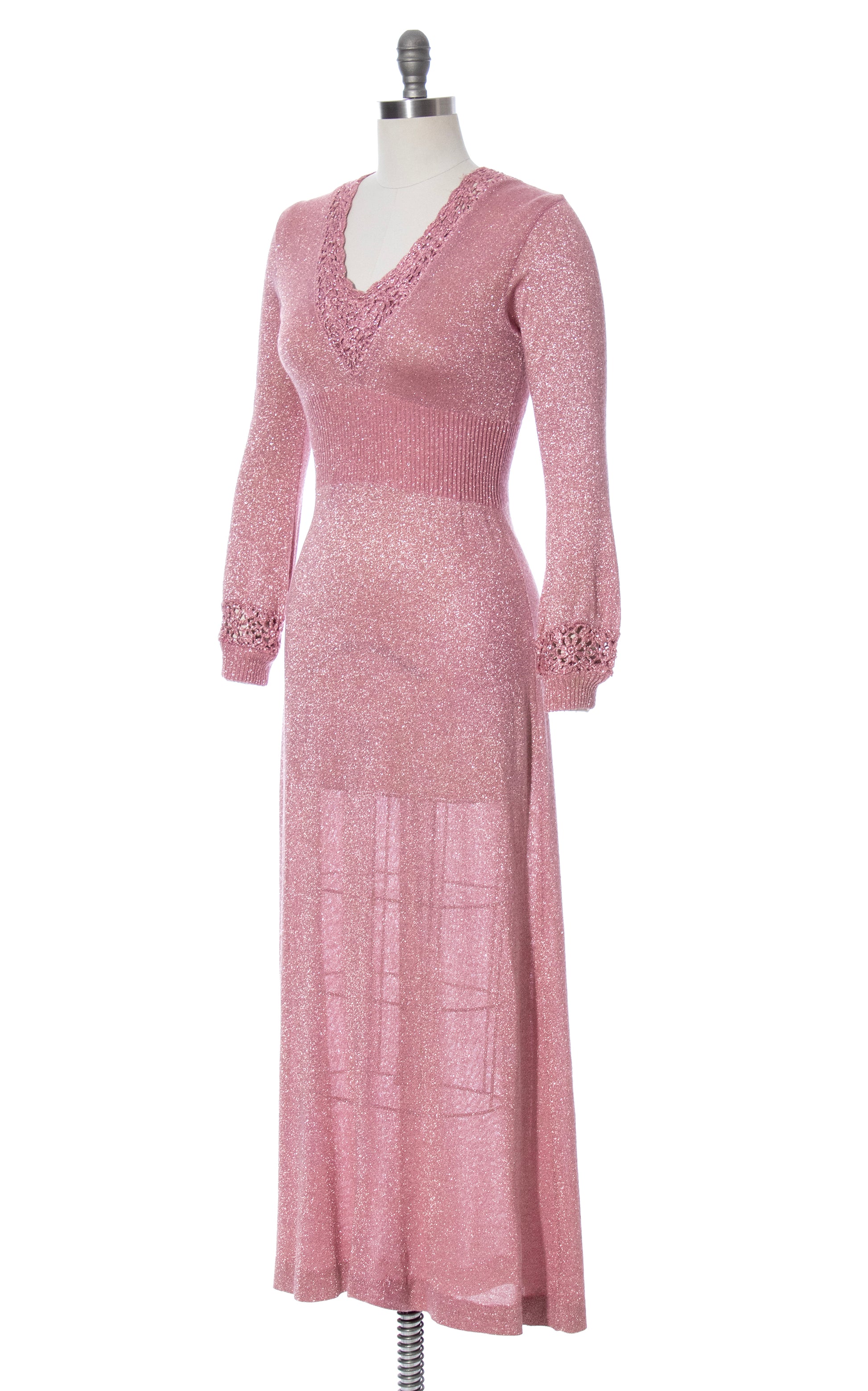 Vintage 70s 1970s Metallic Lurex Pink Knit Crochet Maxi Sweater Dress BirthdayLifeVintage