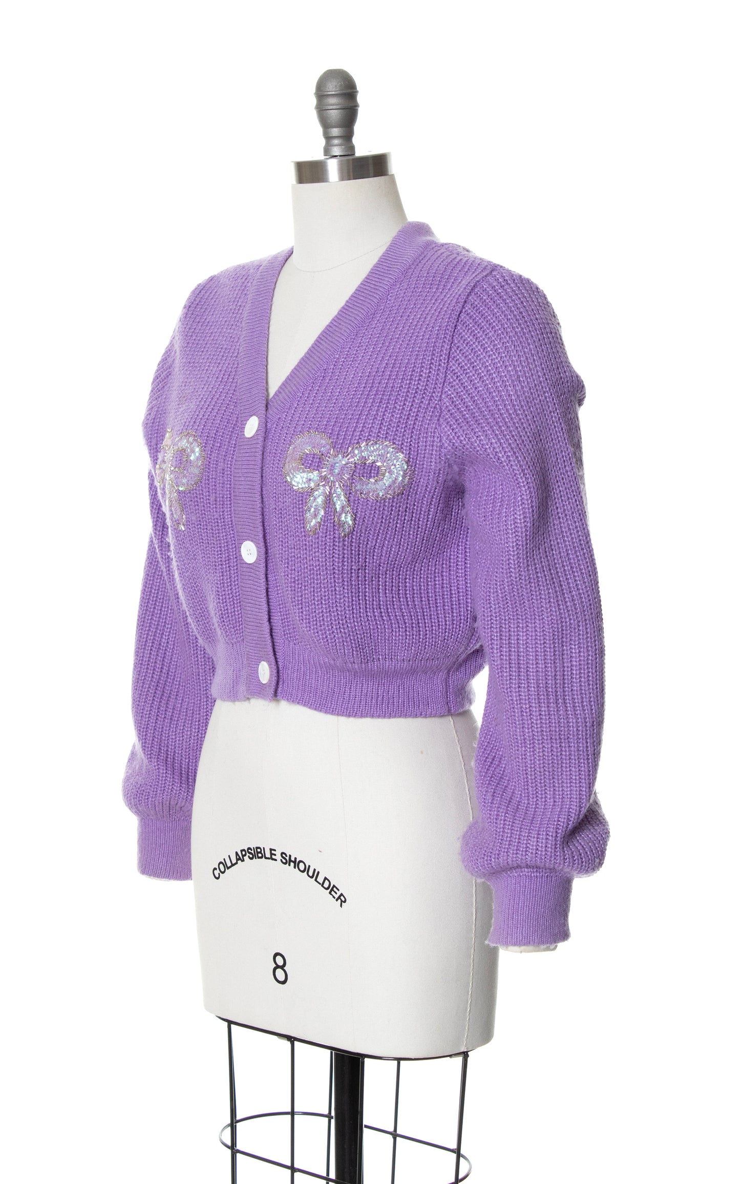Vintage 50s 1950s Bow Sequined Cropped Cardigan Knit Purple Acrylic Sweater BirthdayLifeVintage
