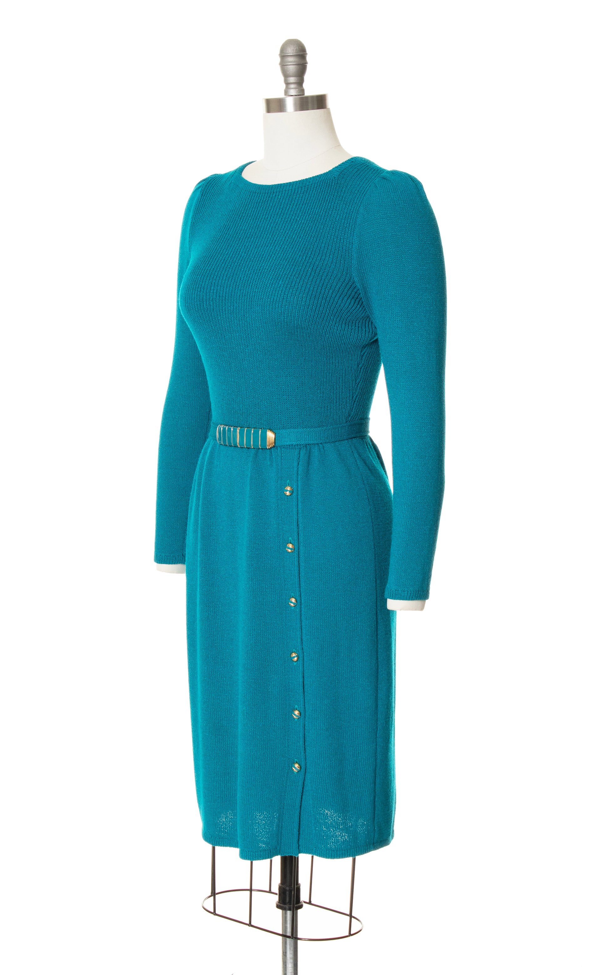 1980s ST. JOHN Teal Knit Wool Sweater Dress | x-small/small Birthday Life Vintage 1980s ST. JOHN Teal Knit Wool Sweater Dress | x-small/small Birthday Life Vintage