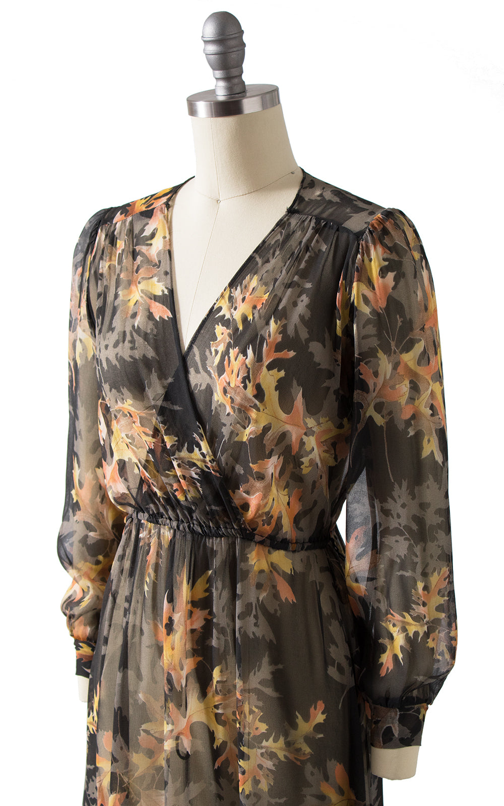 1980s Leaf Print Silk Chiffon Dress