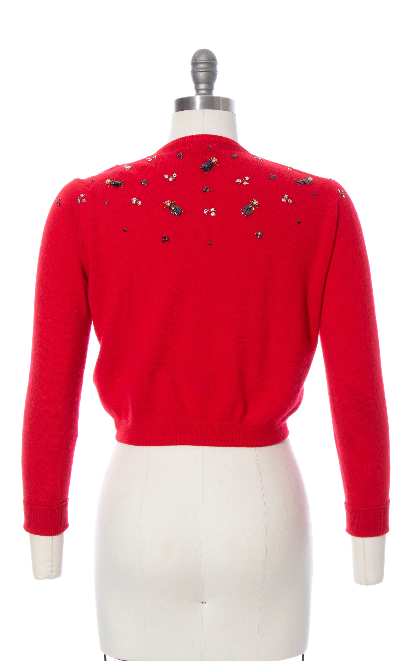 Vintage 50s 1950s Fly Novelty Sequin Beaded Red Knit Cashmere Cropped Cardigan BirthdayLifeVintage