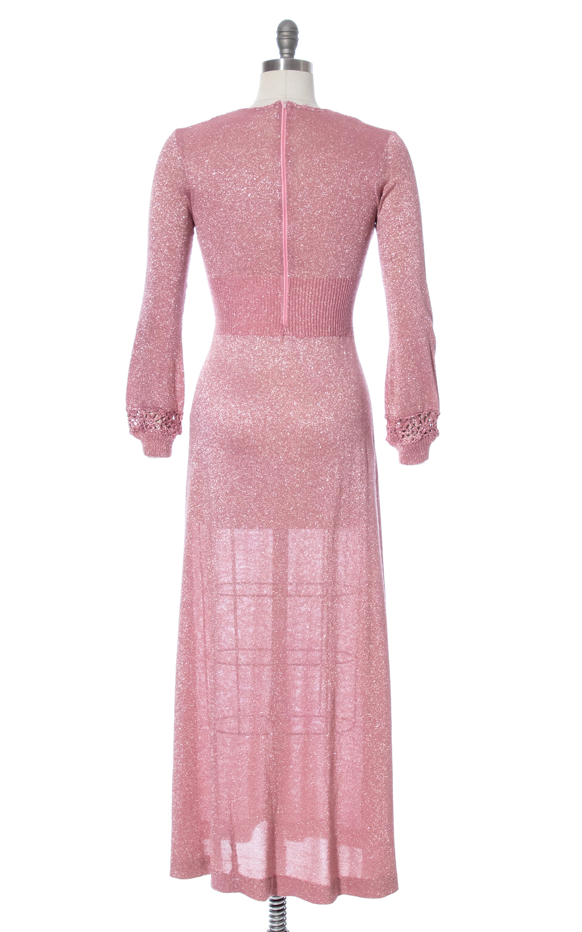 1970s Metallic Pink Knit & Crochet Sweater Dress