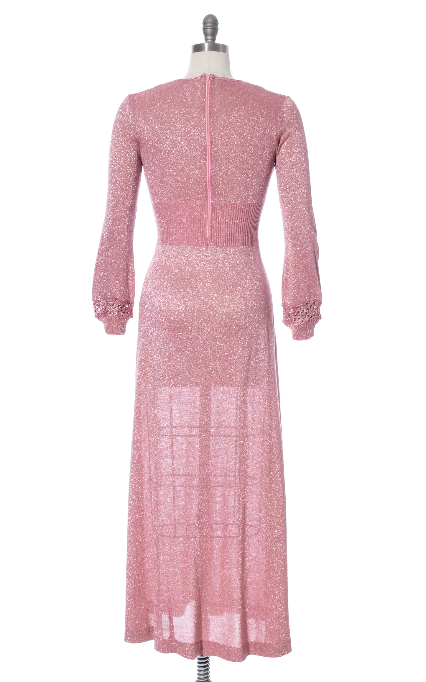 Vintage 70s 1970s Metallic Lurex Pink Knit Crochet Maxi Sweater Dress BirthdayLifeVintage