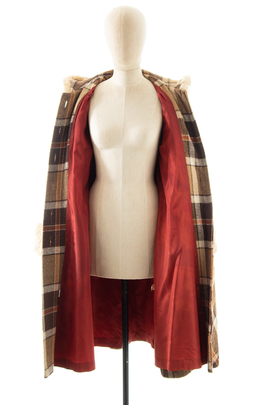 1970s Faux Fur Trim Plaid Hooded Princess Coat | small/medium