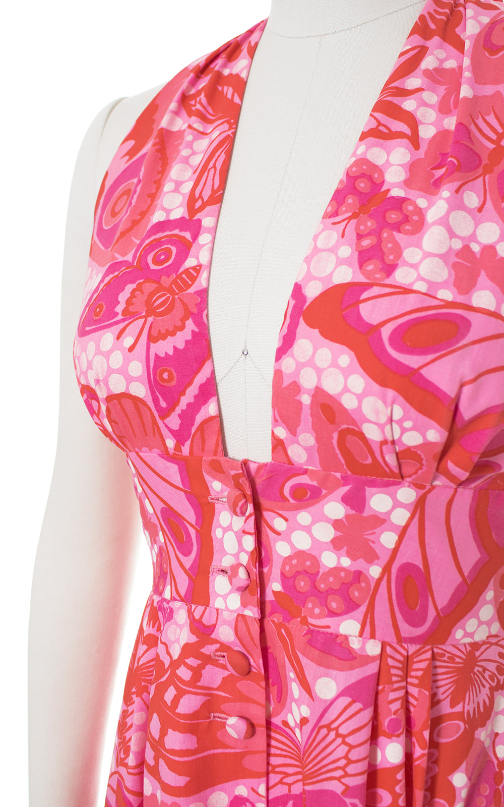 1970s Butterfly Novelty Print Pink Halter Maxi Dress