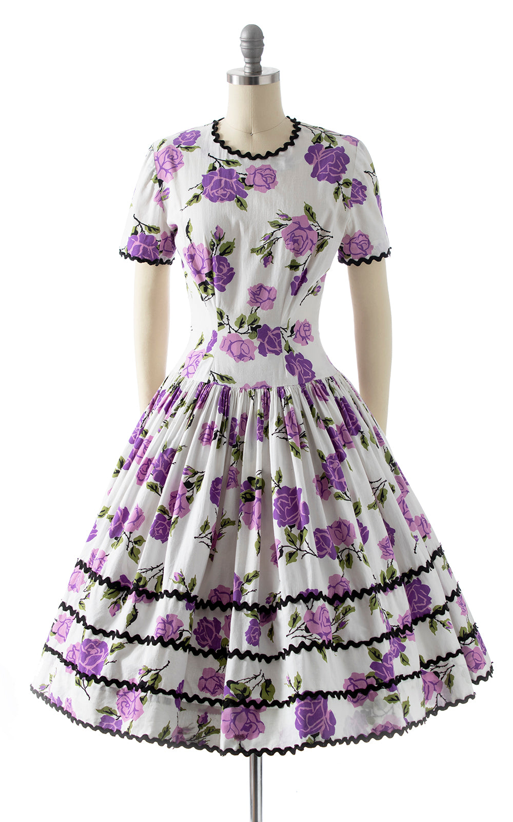 1950s Purple Rose Cotton Drop Waist Dress | x-small/small