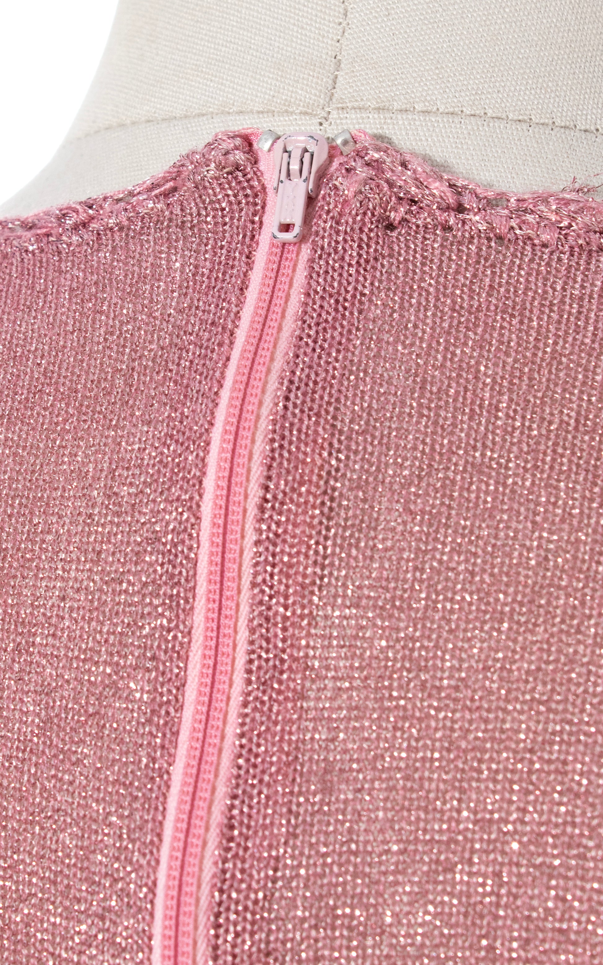 Vintage 70s 1970s Metallic Lurex Pink Knit Crochet Maxi Sweater Dress BirthdayLifeVintage