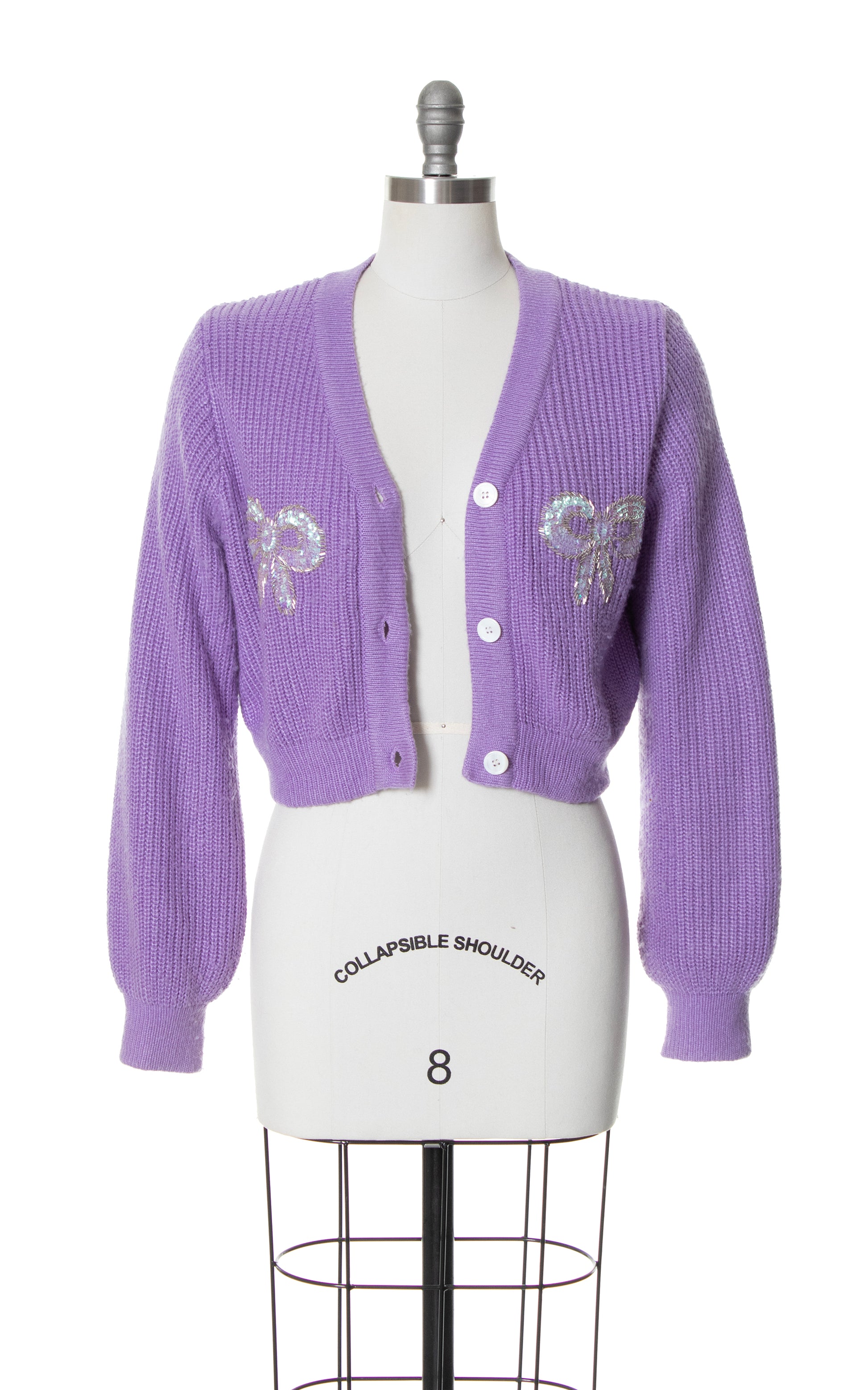 Vintage 50s 1950s Bow Sequined Cropped Cardigan Knit Purple Acrylic Sweater BirthdayLifeVintage