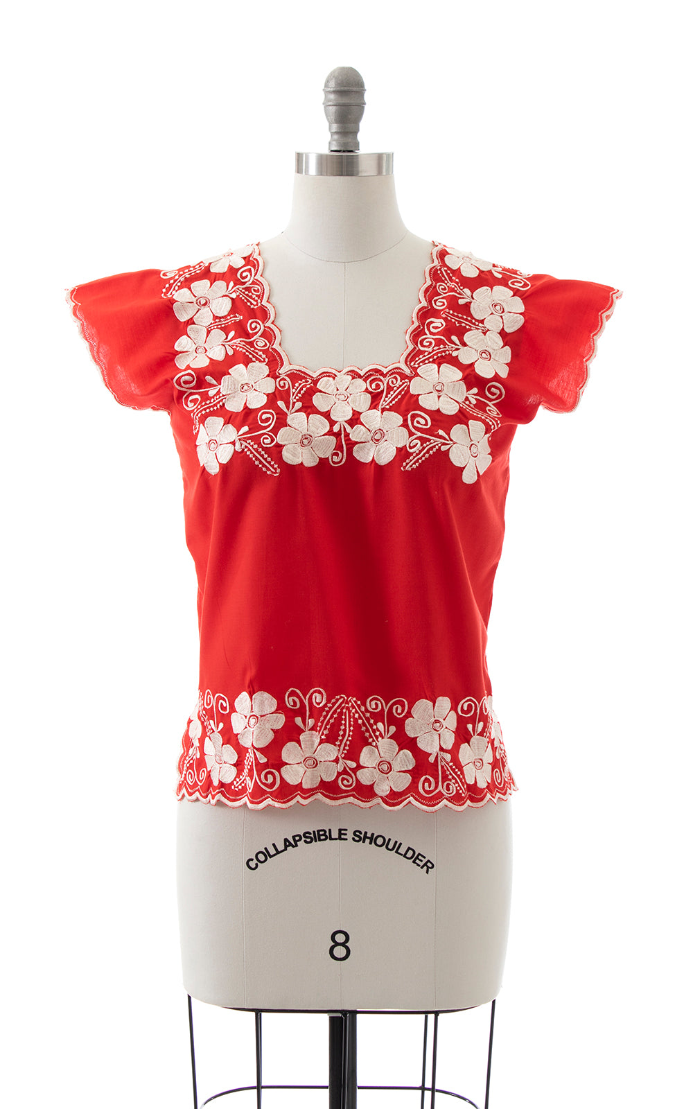1980s Floral Embroidered Red Top | small/medium
