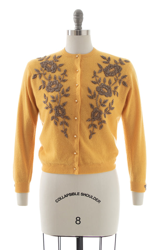 1950s Floral Beaded Knit Wool Cardigan | medium