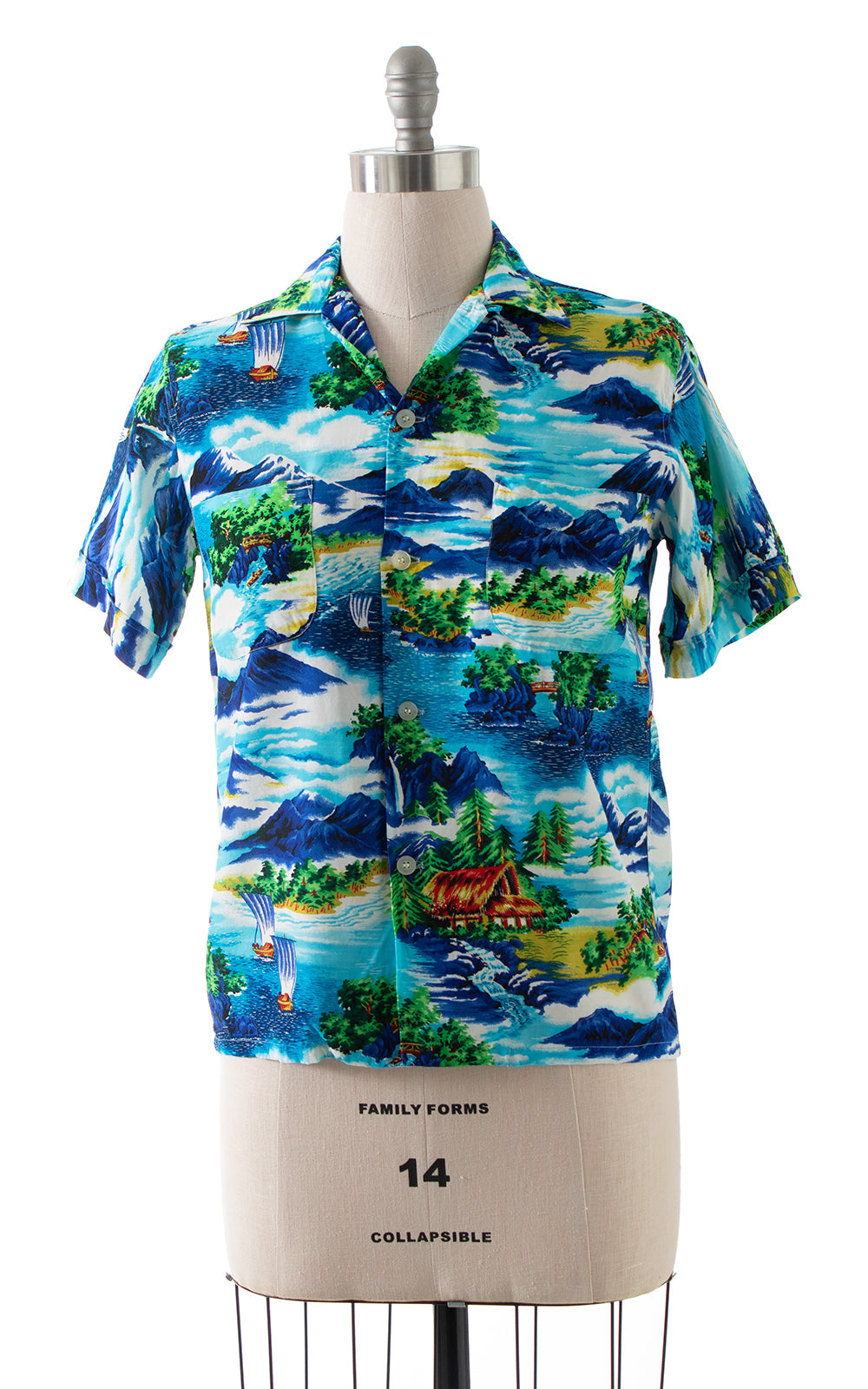 1960s 1970s Deadstock Hawaiian Novelty Print Rayon Shirt | large