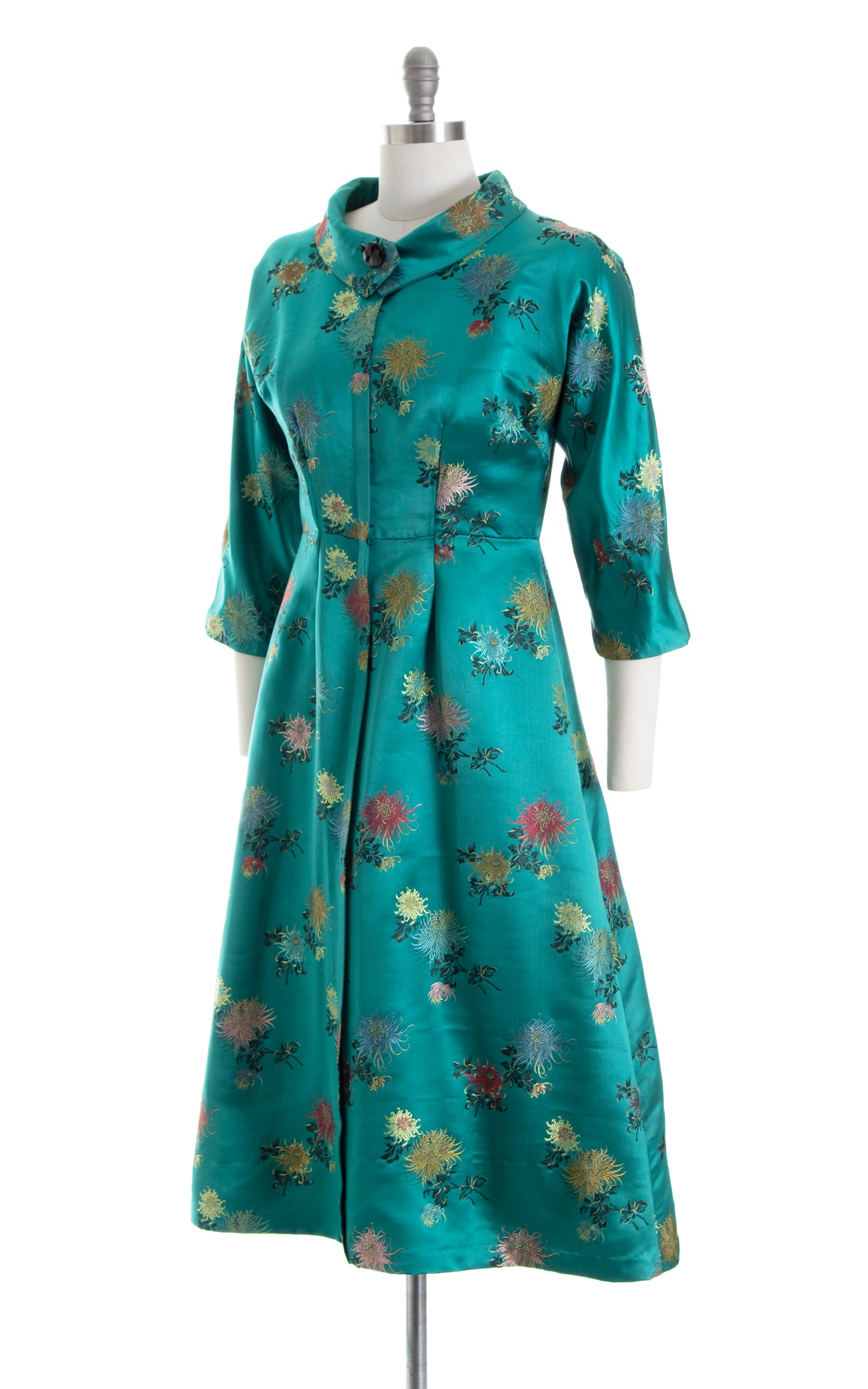 Vintage 1960s 60s Asian Silk Floral Jacquard Green Evening Dress Birthday Life Vintage