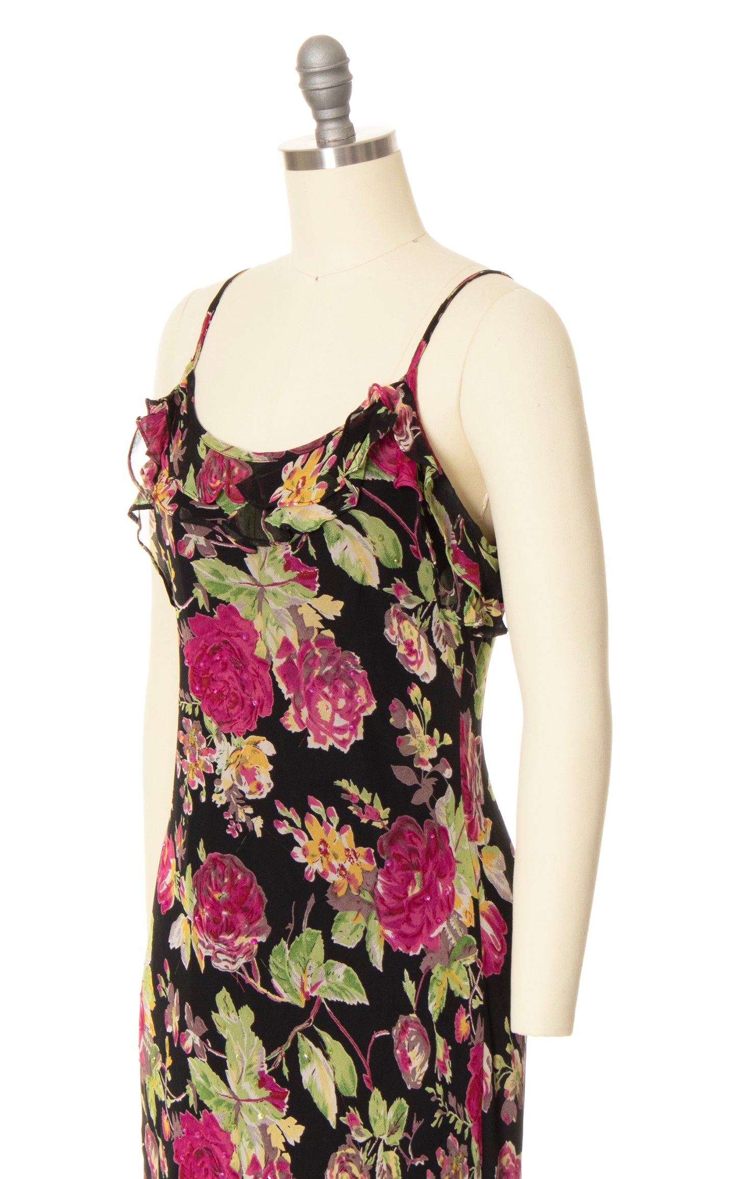 2000s Beaded Sequin Floral Chiffon Slip Dress | x-small/small