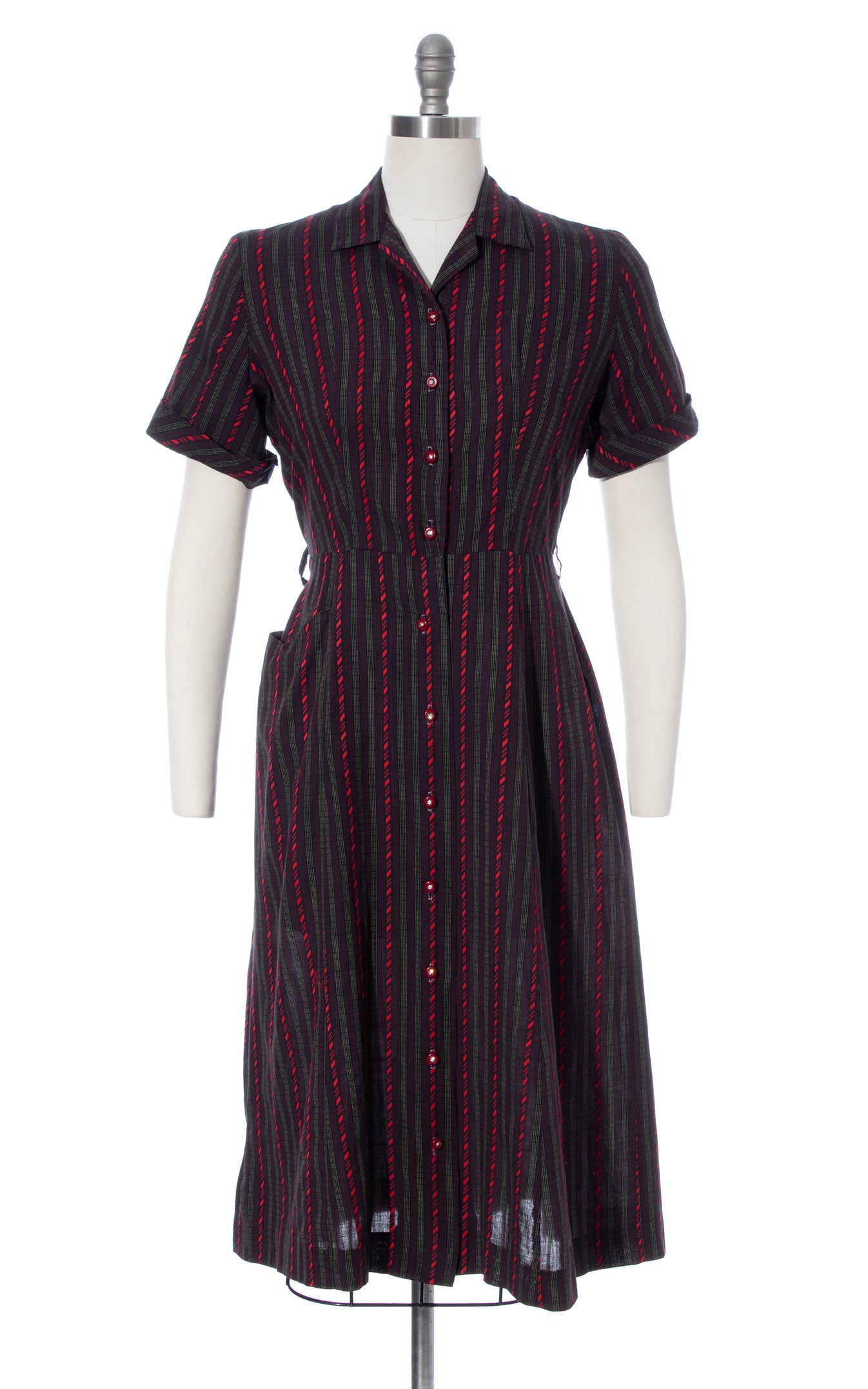 1950s Striped Cotton Shirtwaist Dress with Pocket