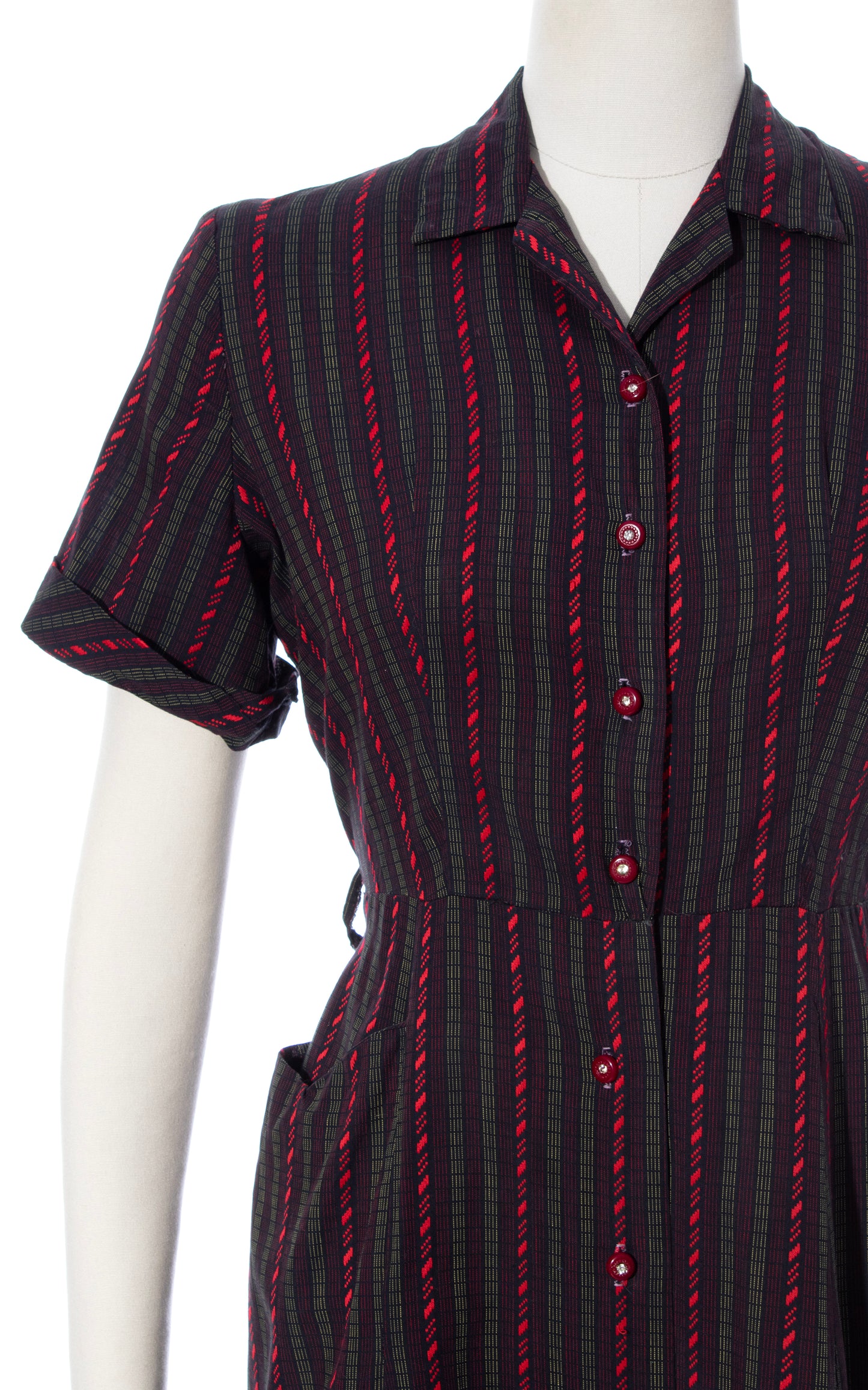 Vintage 50s 1950s Striped Cotton Black Red Shirtwaist Dress with Pocket BirthdayLifeVintage