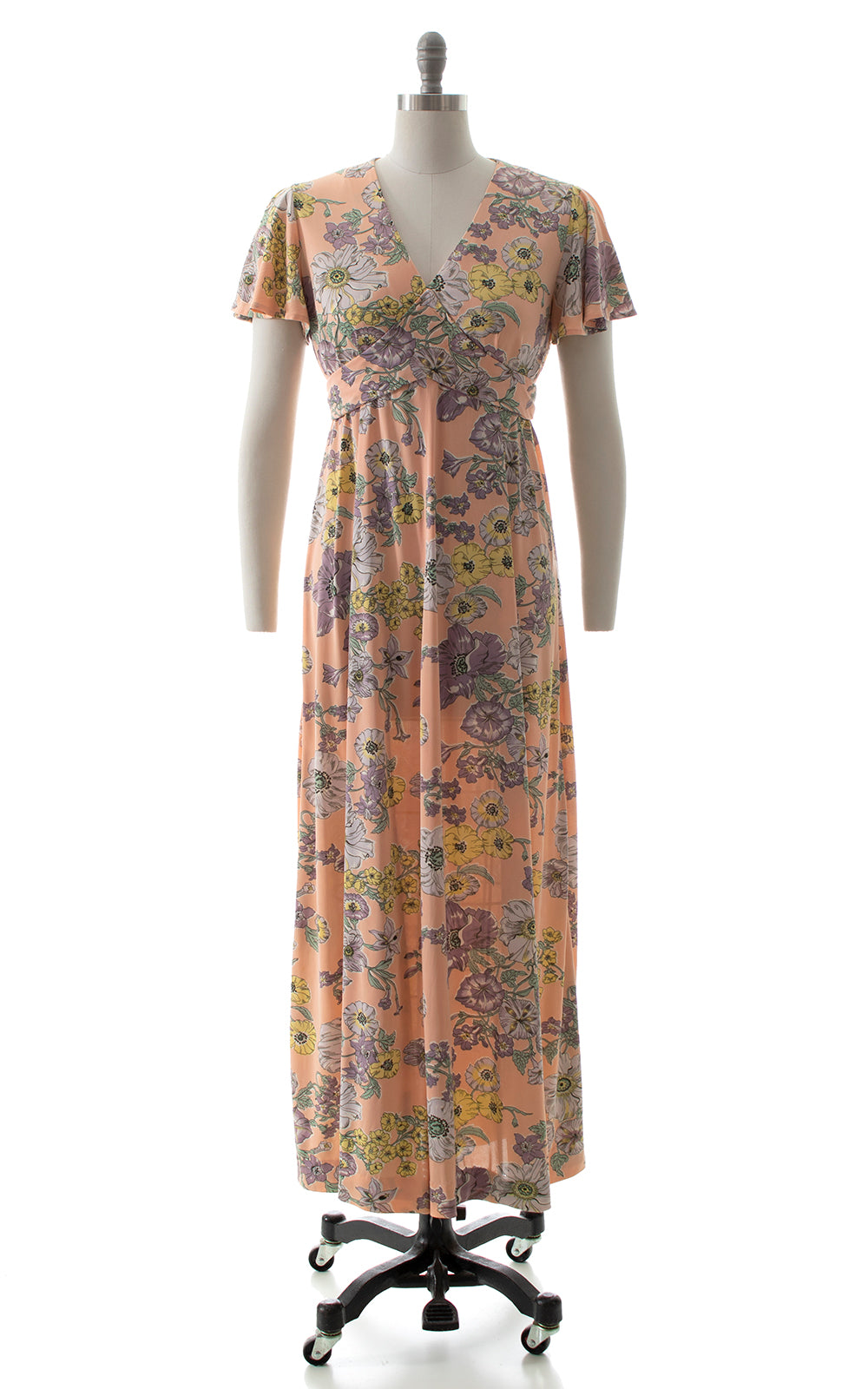 1970s Flutter Sleeve Floral Maxi Dress BirthdayLifeVintage